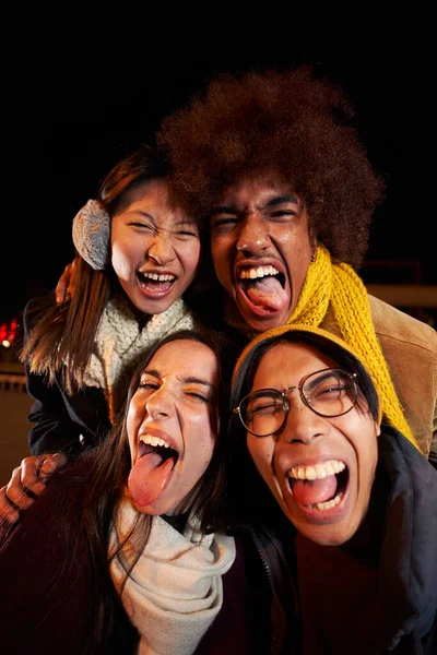 Vertical Selfie Group Happy People Taking Selfie Photo Fooling Stick — Stock Photo, Image