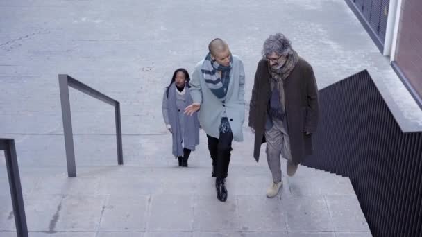 Man Woman Talking Walking Office Going Pedestrians Commuters Crowed Going — Stock Video