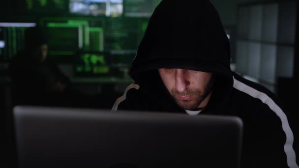 Hacker Man Making Computer Attack Starting Typing Laptop Keyboard Breaking — Stock Video