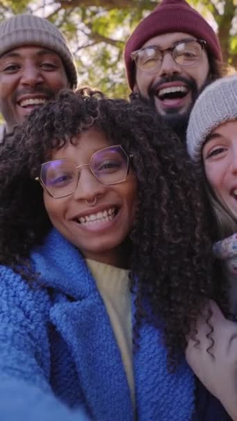 Vertical Video Winter Time Smiling Selfie Happy Group Friends Video — Vídeo de Stock