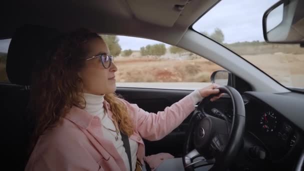 Young Woman Driving Car Countryside Adult Girl Having Safety Ride — Αρχείο Βίντεο