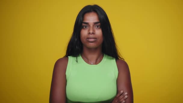 Indian Female Looking Serious Expressions Young Woman Looking Camera Yellow — Stok Video