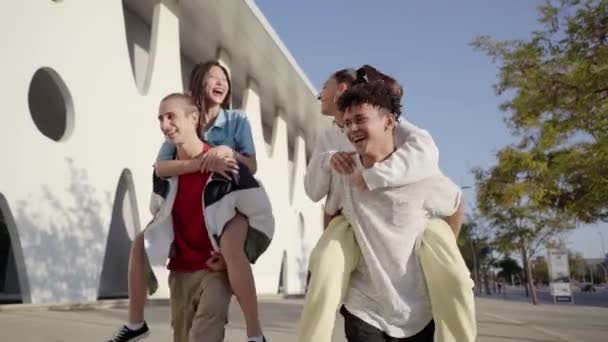 Multiracial Young People Stacking Hands Friends Piggyback Having Fun Together — 图库视频影像