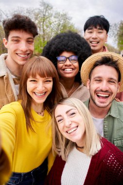 Vertical. Large group of cheerful young friends taking selfie portrait. Happy people looking at camera smiling in outdoor park. Concept of community, youthful lifestyle and friendship in autumn . 