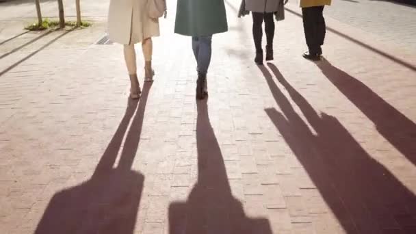 Feet Four Unrecognizable Faceless People Walk Sunny Day Corporate Business — Stock Video