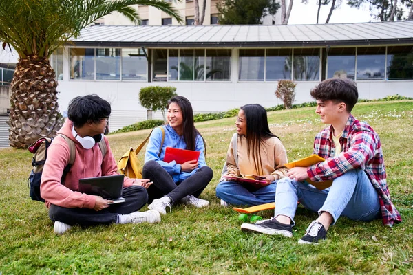 Group Portrait Happy Teenage Students Holding Notebooks Smiling Sitting Courtyard — Fotografia de Stock