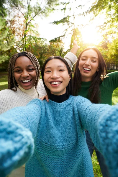 縦の肖像3人の笑顔の女の子がカメラを見て屋外の写真をポーズ 女子大生は公園で抱き合って自撮り 多民族の人々の友情と楽しい春の会合 — ストック写真