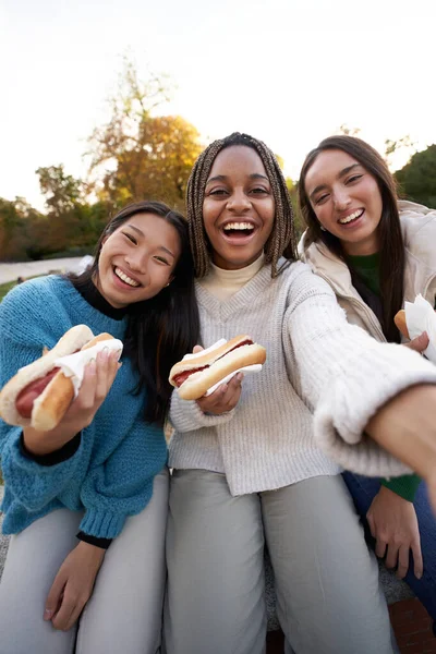 Κάθετη Ομάδα Χαρούμενα Κορίτσια Selfie Τρώει Takeaway Street Food Κάθεται — Φωτογραφία Αρχείου