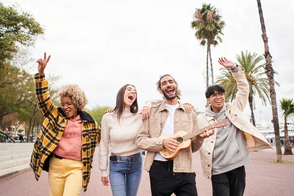 stock image Happy people singing and dancing outdoors. Group of friends having fun in a day party playing the ukulele. High quality photo