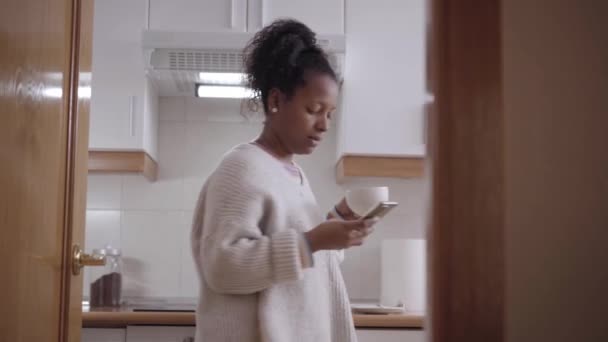 Uśmiechnięta Młoda Afroamerykanka Pijąca Kawę Lub Herbatę Rozmawiająca Przez Komórkę — Wideo stockowe