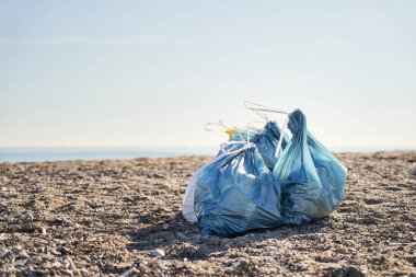 Blue garbage bags full of plastics on the beach. Volunteers aware of environmental sustainability. Care and protection of planet Earth. Good deeds for future generations. Sustainable development goals clipart