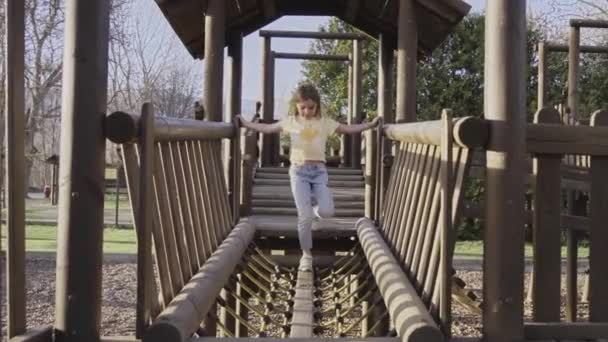 金发小女孩在公园里的秋千上 正聚精会神地走在木制游戏房的桥上 在阳光明媚的日子里 快乐的孩子们在户外进行娱乐活动 童年与自由 — 图库视频影像