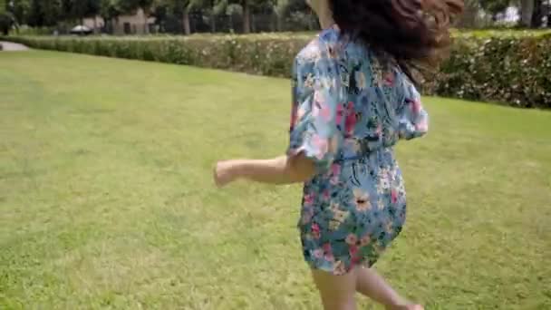 Счастливая Свободная Девушка Платье Весело Бегать Пшеничному Полю Парке Люди — стоковое видео