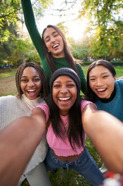 Açık havada selfie çekerken eğlenen kızların dikey grup portresi. Parkta mutlu poz veren dört gülümseyen genç kadın. Dost canlısı insanlar boş zamanlarını üniversite arkadaşlarıyla birlikte geçirirler..