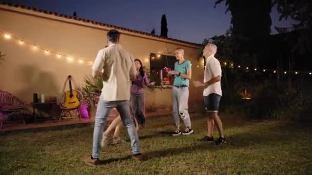 Group Mature Friends Dancing Private Party Backyard Club Happy Joyful — Stock Video