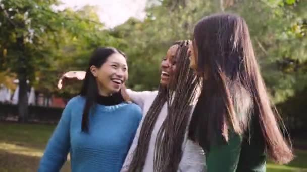 Video Tres Chicas Divirtiéndose Aire Libre Soleado Día Primavera Chino — Vídeo de stock