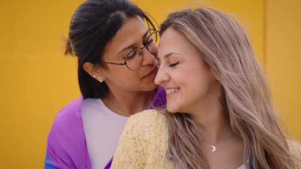 Happy Nice Lgbt Young Caucasian Lesbian Couple Together Kissing Video — Stock Video