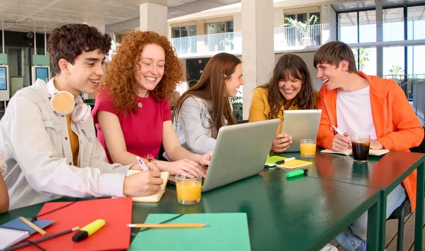 Kampüs kafeteryasında dizüstü bilgisayar kullanarak gülümseyen üniversite arkadaşları. Bir üniversite okul projesinde birlikte çalışan ve araştırma yapan bir grup neşeli beyaz öğrenci..