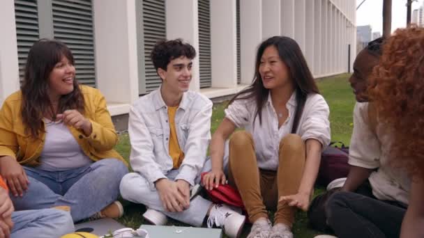 Grupo Multirracial Jóvenes Estudiantes Emocionados Uniendo Sus Manos Círculo Sentados — Vídeo de stock