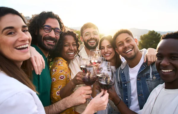 Group of multiracial friends toasting red wine and celebrating party at country house. Young people hugging taking selfie on outdoor terrace. Boys and girls enjoying free time on summer vacation.