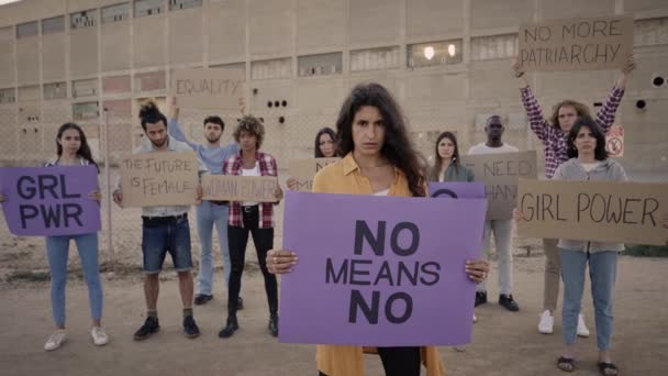 Група Активістів Протестує Жінка Дивиться Камеру Фемінізмі Демонстрація Високоякісні Fullhd — стокове відео