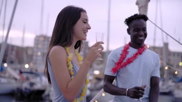 Young Interracial Couple Dancing Boat Party Celebrating Together Shore High — Stock Video