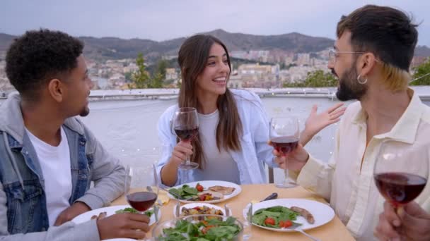 Grupo Amigos Multiétnicos Celebra Cumpleaños Brindando Con Vino Tinto Reunión — Vídeos de Stock