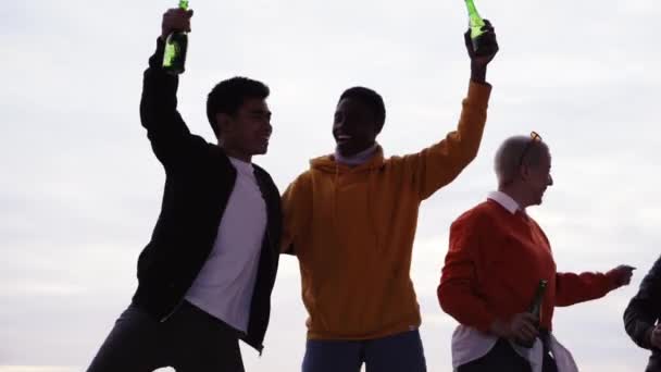 春の日に興奮して屋外で踊る多人種の友人のグループ 陽気若い人たちがビールを飲んで楽しんでいます 一緒にパーティーを祝う同僚 幸せと友情の概念 — ストック動画