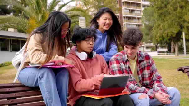 回学校去一群使用笔记本电脑坐在课外长椅上的多种族青少年学生 多种族青少年同学上网 Z代和学术关系 — 图库视频影像
