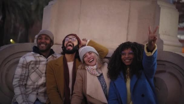 Зимове Селфі Багаторасові Люди Разом Роблять Смішні Обличчя Парку Група — стокове відео