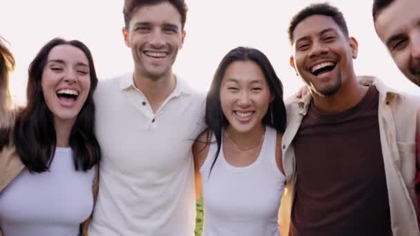 Parkta Dışarıda Eğlenen Çok Irklı Mutlu Bir Arkadaş Grubunun Portresi — Stok video