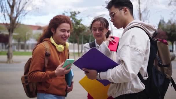 一群多种族的年轻学生在大学校园里一起散步很开心 快乐的青少年在学校外玩耍 一代又一代的人在户外大笑 奖学金概念 — 图库视频影像