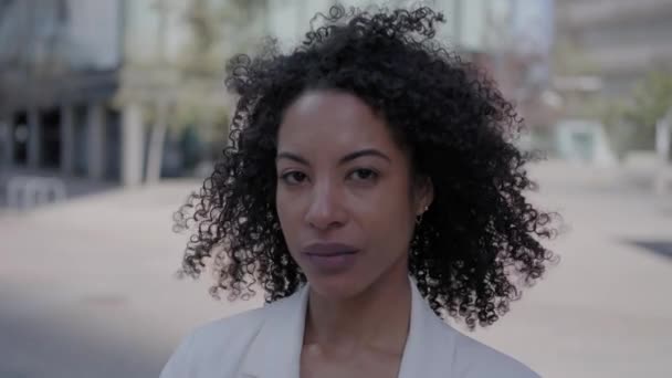 심각한 중년의 아프리카계 미국인 여성의 초상화 머리카락으로 카메라에 자신감 형식적인 — 비디오