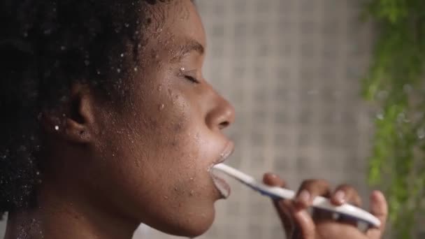 若い美しいアフリカ系アメリカ人の女性は 浴室のぬれた頭と髪に歯を磨いています 自宅でシャワーから出る黒人女性のサイドクローズアップ 室内の人と個人の衛生 — ストック動画