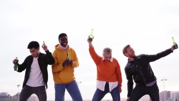 Group Diverse People Dancing Playfulness Outdoors Drinking Beer Having Fun — Vídeo de Stock
