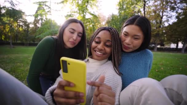 Három Fiatal Multiracionális Mosolygós Mobilt Használ Parkban Három Tinédzser Lány — Stock videók