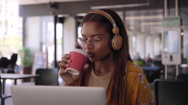 Jovem Estudante Universitário Afro Americano Usando Laptop Com Fones Ouvido — Vídeo de Stock