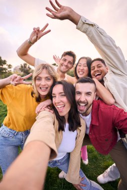 Dikey grup genç, neşeli çoklu etnik arkadaşlar dışarıda selfie cep telefonu kullanıyorlar. Mutlu insanlar birlikte gülümsüyor ve parkta boş vakitlerin tadını çıkarıyor. Toplumda pozitif ve eğlenceli gençlik ilişkileri.