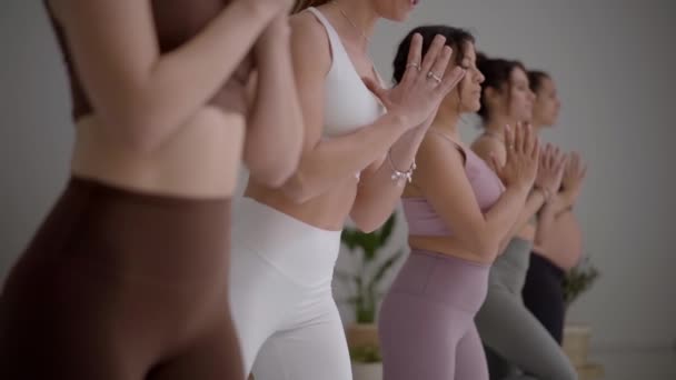 在室内集体练习瑜伽的白人年轻女性 集中的女运动员在课堂上进行锻炼 健康的女孩伸展身体 社区健康的生活方式 日常活动 — 图库视频影像