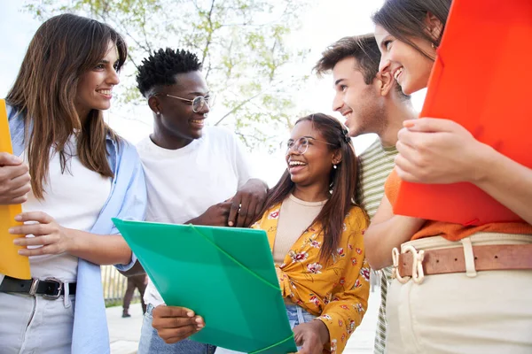 Bir Grup Çok Irklı Öğrenci Bir Üniversite Kampüsünde Birlikte Eğleniyor — Stok fotoğraf