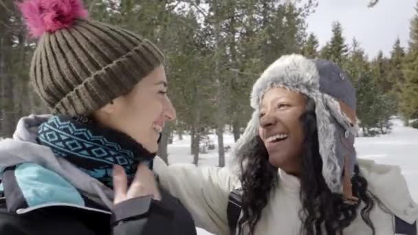 Две Красивые Улыбающиеся Девушки Наслаждаются Зимним Походом Снежную Гору Многорасовая — стоковое видео