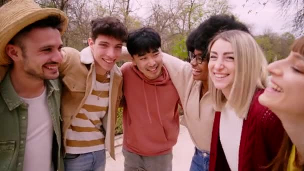 Grupa Wielorasowych Przyjaciół Uśmiechających Się Razem Parku Młode Pokolenie Ludzi — Wideo stockowe