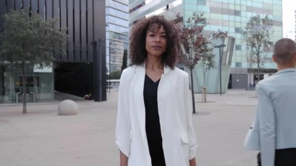 Självsäker Afroamerikansk Affärskvinna Väg Till Trångt Kontor Attraktiv Ung Seriös — Stockvideo