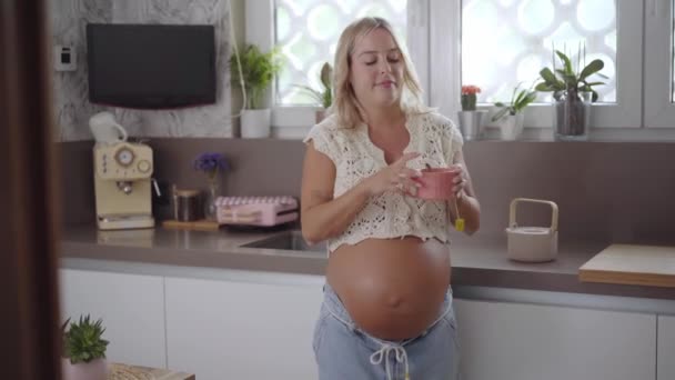 Jonge Mooie Zwangere Blanke Vrouw Met Grote Buik Heeft Warme — Stockvideo
