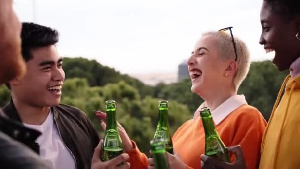Group Diverse People Toasting Playfulness Outdoors Drinking Beer Having Fun — ストック動画