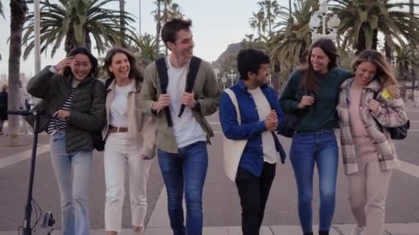 Διαφορετική Πολυπολιτισμική Ομάδα Νέων Χιλιετιών Φίλων Που Περπατούν Αγκαλιασμένοι Κατά — Αρχείο Βίντεο