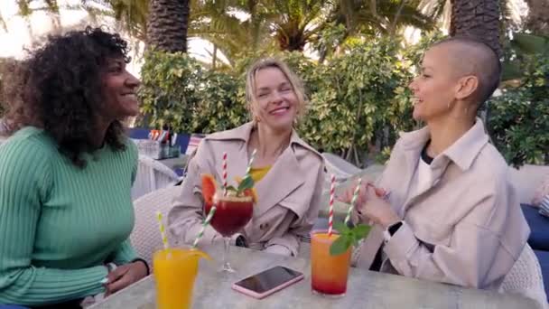 Tres Alegres Mujeres Maduras Multirraciales Riendo Celebrando Reunión Aire Libre — Vídeo de stock