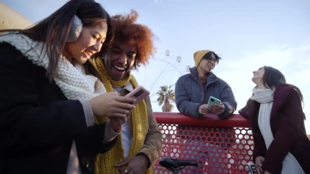一群年轻的多民族快乐的人在寒冷阳光灿烂的冬日里相遇聊天 并在户外使用手机 微笑的朋友们享受着游乐园 一代的周末活动 — 图库视频影像