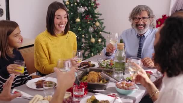 테이블에 와인과 토스트 크리스마스 식사를 가족을 모임에서 즐거운 사람들이 즐겁게 — 비디오