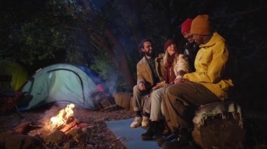 Çok ırklı bir arkadaş grubu kamp ateşinin yanında oturup gülüyor. Kamp yerindeki çadırların önünde mutlu bir şekilde gülen gençler. Sırt çantalı gezginler kış tatilinin tadını çıkarıyor. Boşluğu kopyala.